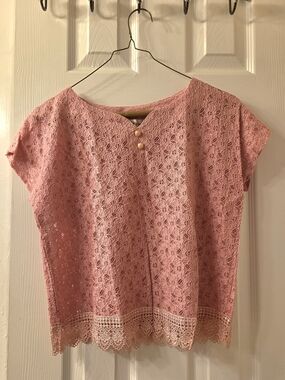 Lace Crochet Short Sleeve Top - Pink